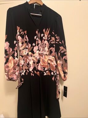 Tahari ASL Black Long Sleeve Floral Belted Dress with Pink and Peach Blooms